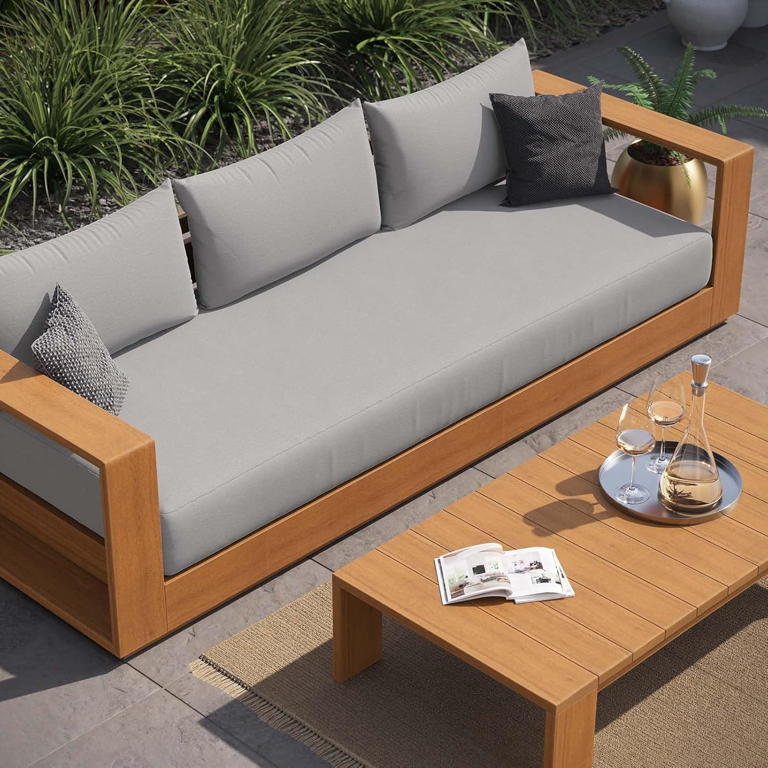 Tahoe Acacia Wood 2-Piece Outdoor Patio Furniture Set in Natural Light Gray - Includes Sofa with Weather-Resistant Cushions and Coffee Table