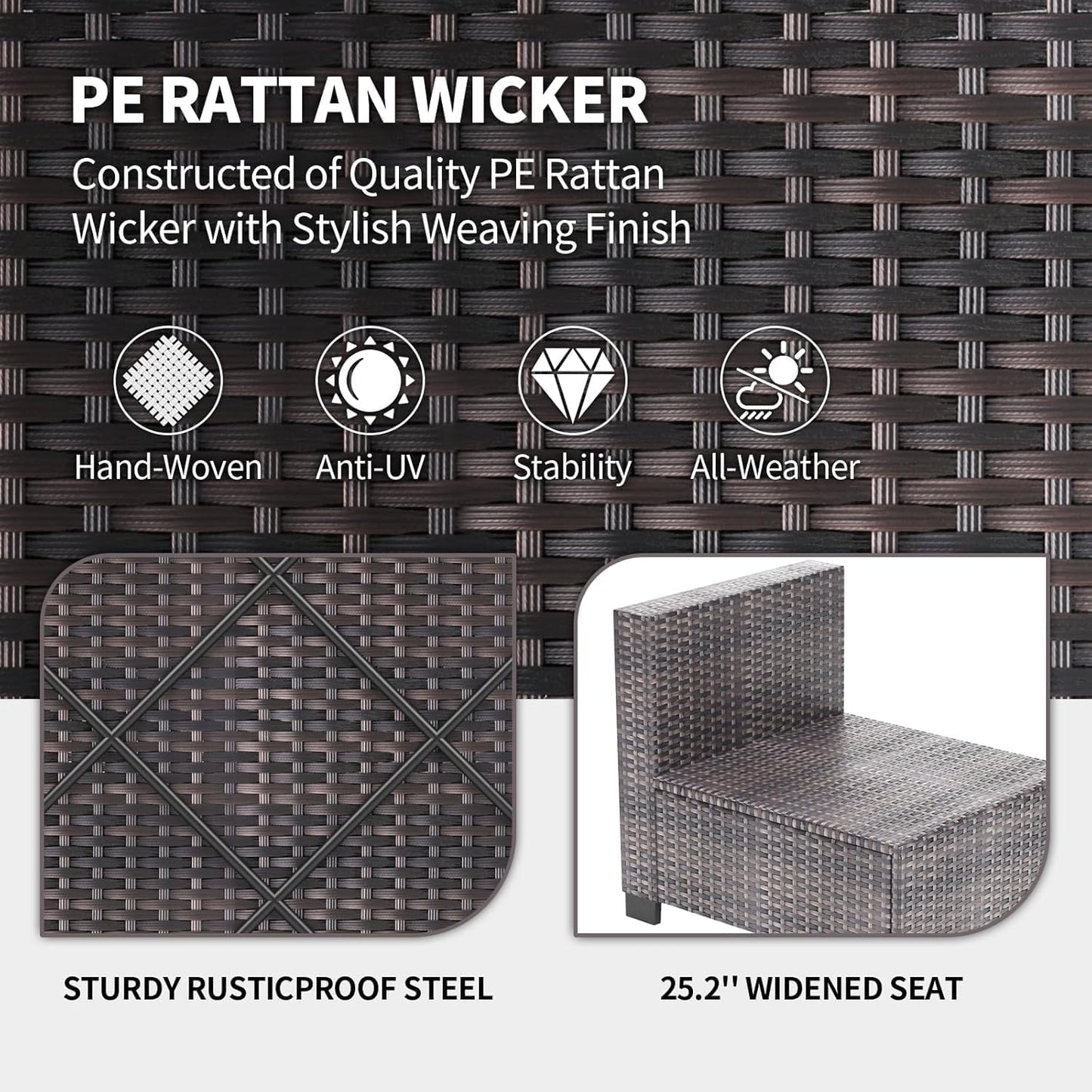7 Piece Outdoor Patio Furniture Set, PE Rattan Conversation Sofa Set, Wicker Patio Set W/Thick Cushions & Glass Top Coffee Table, All-Weather outside Furniture for Garden, Balcony,Porch(Brown+Beige)