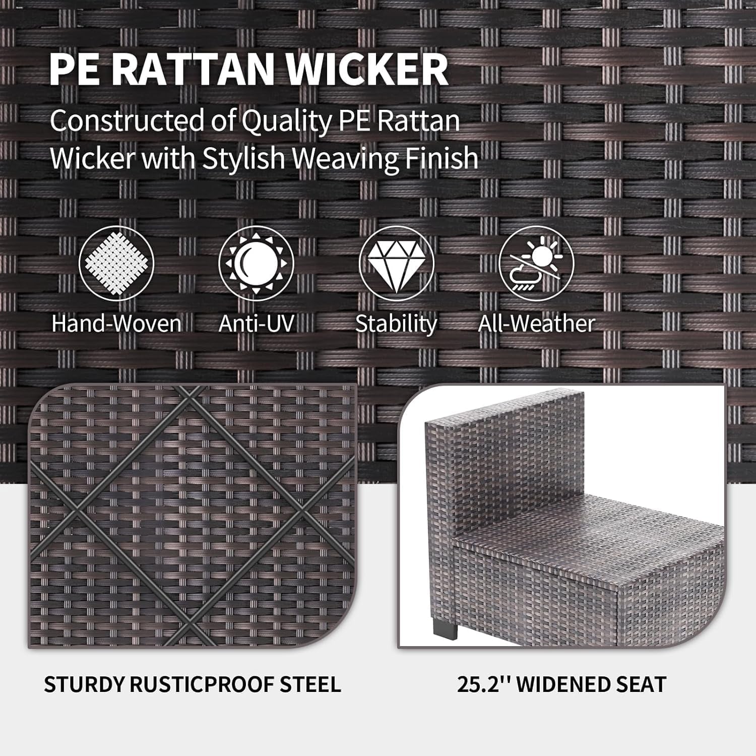 7 Piece Outdoor Patio Furniture Set, PE Rattan Conversation Sofa Set, Wicker Patio Set W/Thick Cushions & Glass Top Coffee Table, All-Weather outside Furniture for Garden, Balcony,Porch(Brown+Beige)