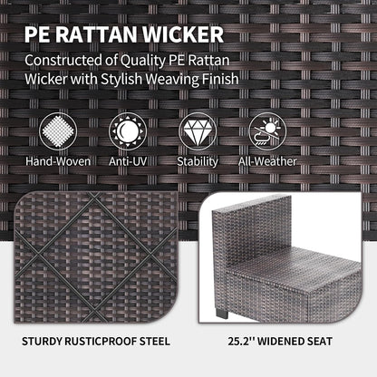 7 Piece Outdoor Patio Furniture Set, PE Rattan Conversation Sofa Set, Wicker Patio Set W/Thick Cushions & Glass Top Coffee Table, All-Weather outside Furniture for Garden, Balcony,Porch(Brown+Beige)
