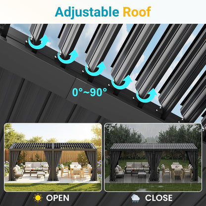12' X 20' Pergola with Curtain & Adjustable Roof & Aluminum Frame for Patio | Louvered Pergola, Patio Pergola with Netting & Gutter System, Outdoor Pergola, Hardtop Gazebo for Deck, Yard, Dark Gray