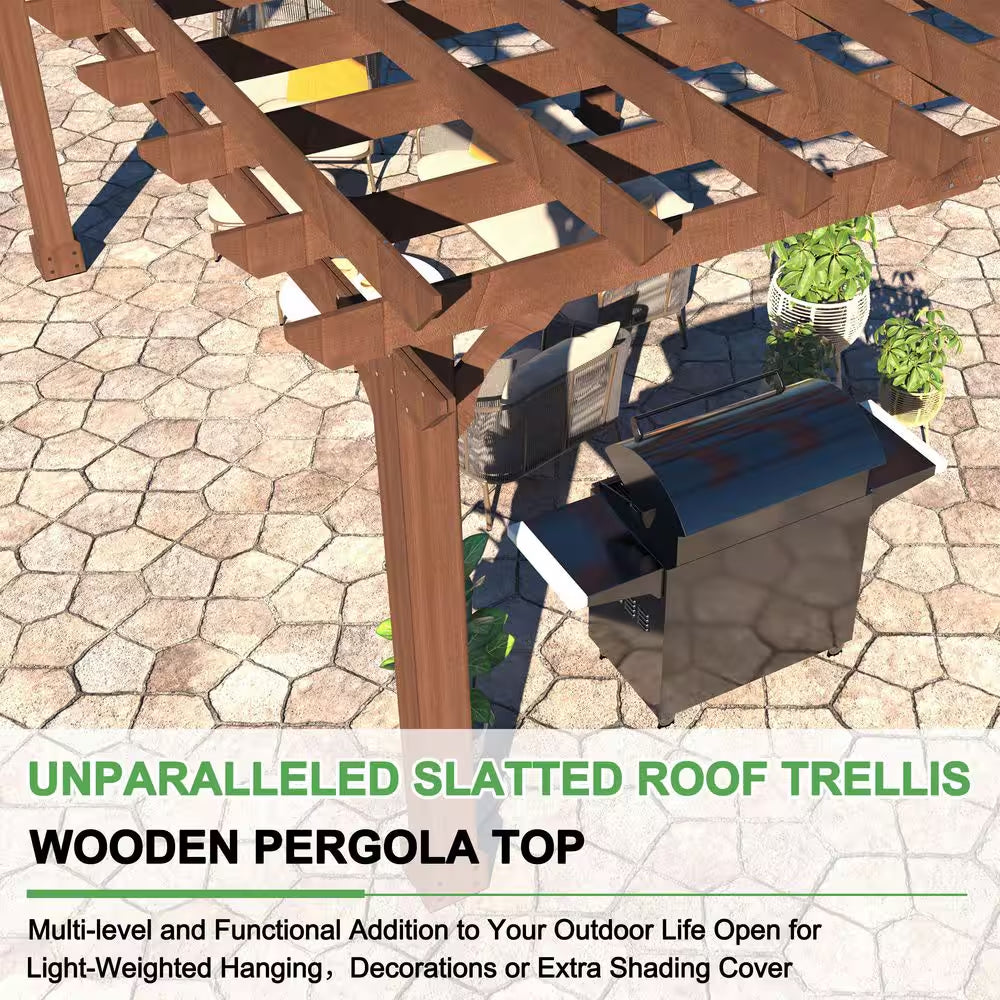 14 Ft. W X 10 Ft. D Cedar Wood Patio Pergola Shade Structure for Outdoor, Brown