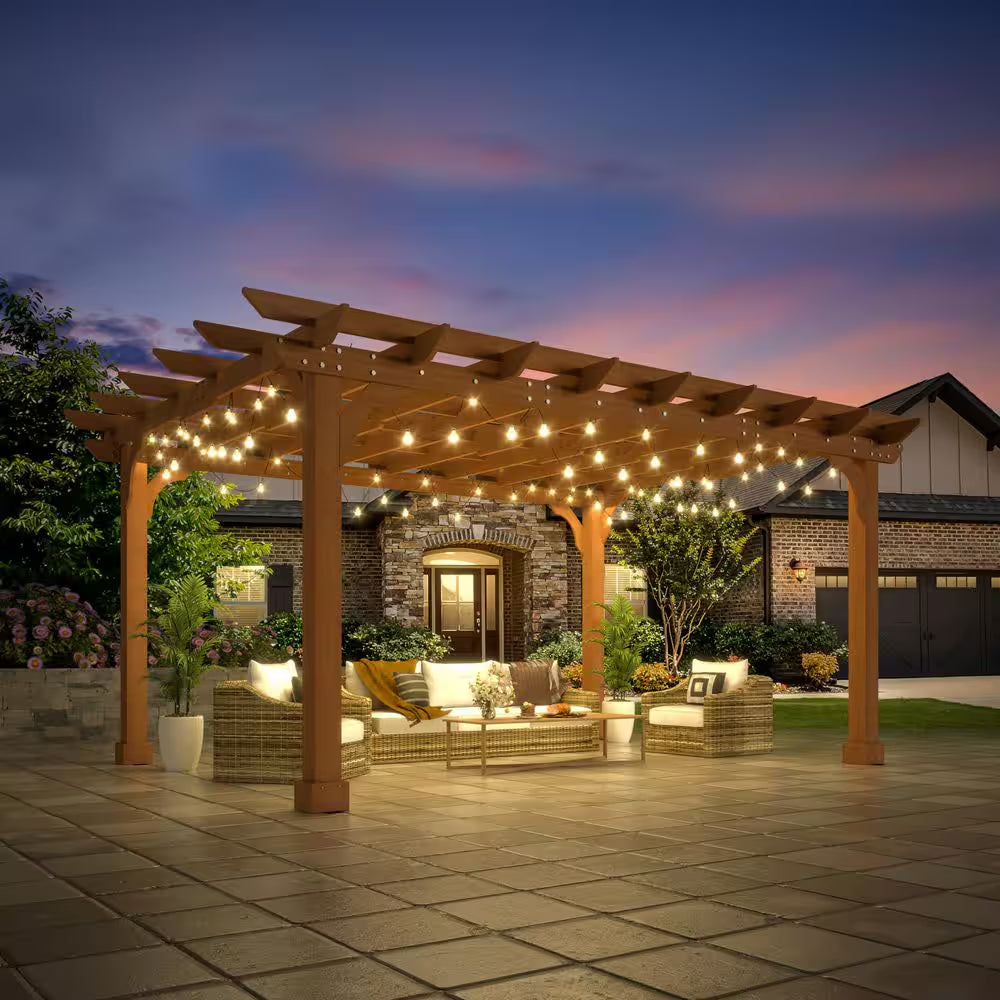 14 Ft. W X 10 Ft. D Cedar Wood Patio Pergola Shade Structure for Outdoor, Brown