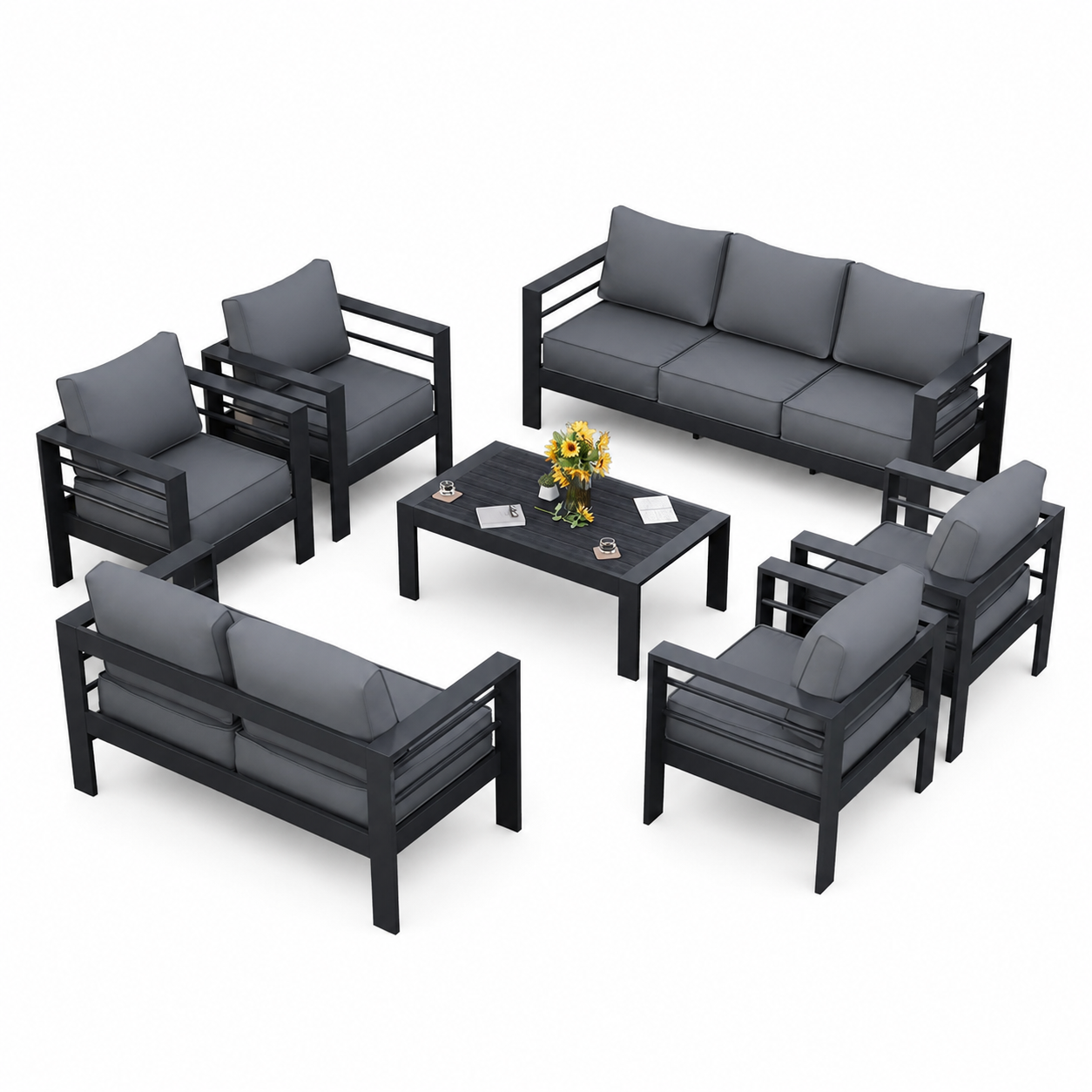 Aluminum Patio Furniture Set, 7 Piece Metal Outdoor Set, Patio Furniture Set with Waterproof Covers for Backyard Garden（Grey）