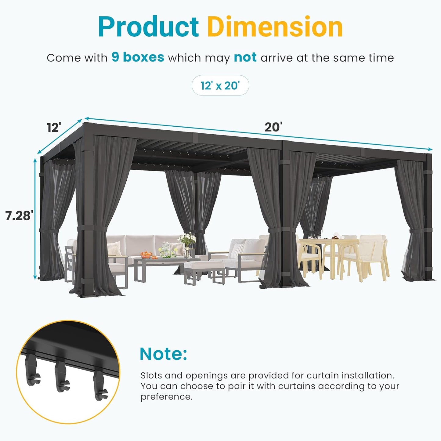 12' X 20' Pergola with Curtain & Adjustable Roof & Aluminum Frame for Patio | Louvered Pergola, Patio Pergola with Netting & Gutter System, Outdoor Pergola, Hardtop Gazebo for Deck, Yard, Dark Gray