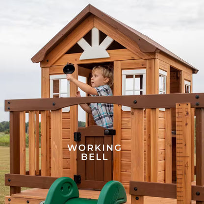 Echo Heights Indoor Outdoor All Cedar Wooden Elevated Playhouse with Clubhouse, Ladder, Green Slide, and Play Kitchen