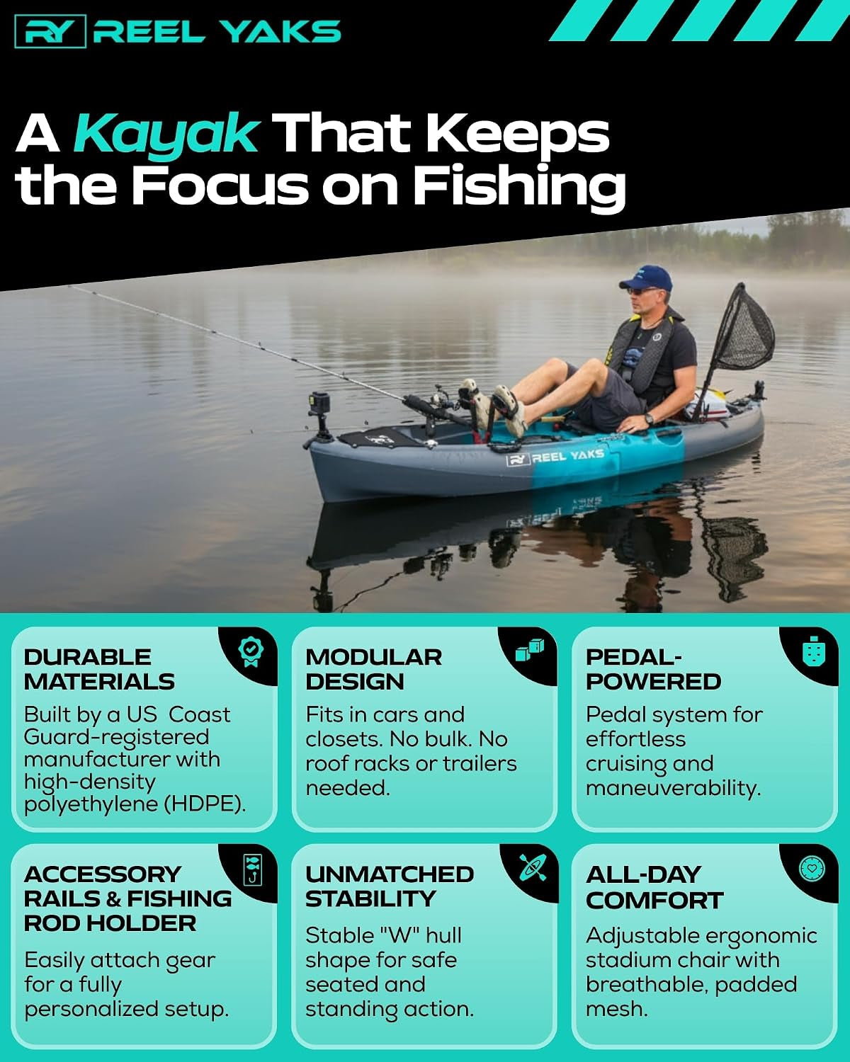 Raptor Modular Fishing Kayak, 9.5Ft, 380 Lbs Capacity | Cyan Gray, Pedal Kayaks for Adults & Youth, Sit on Top, Lightweight, Portable, Fits in Trunks & Closets, Gear Storage