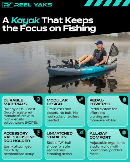 Raptor Modular Fishing Kayak, 9.5Ft, 380 Lbs Capacity | Cyan Gray, Pedal Kayaks for Adults & Youth, Sit on Top, Lightweight, Portable, Fits in Trunks & Closets, Gear Storage