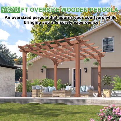 10 Ft. W X 10 Ft. D Cedar Wood Patio Pergola Shade Structure for Outdoor, Brown