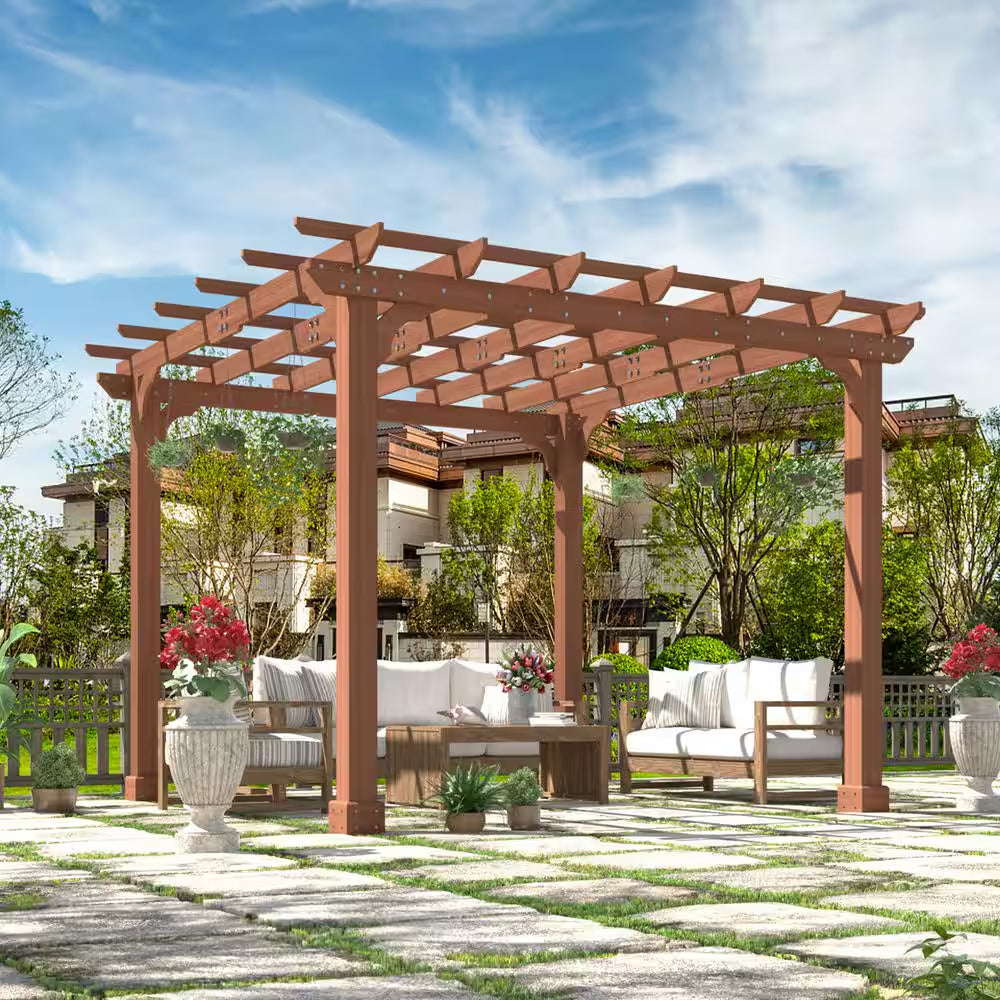 10 Ft. W X 10 Ft. D Cedar Wood Patio Pergola Shade Structure for Outdoor, Brown