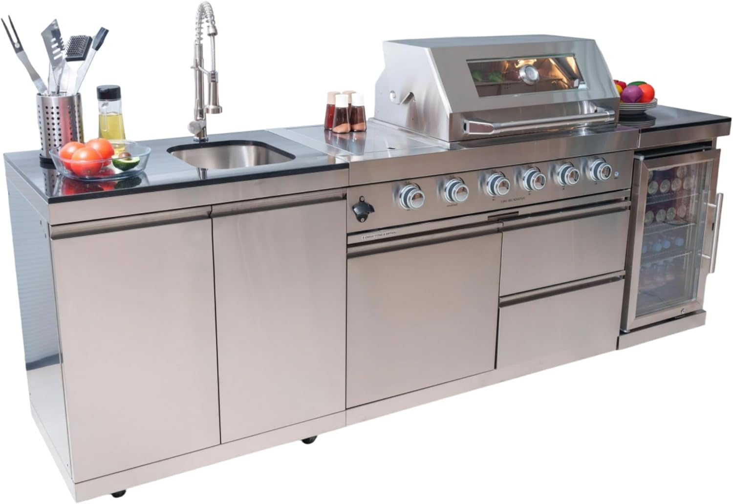BBQ Island Outdoor Kitchen Kits, 4-Burner 72000 BTU Stainless Steel Modular 98 Inch Natural Gas Outdoor Kitchen Bar Barbecue Island Grill with Refrigerator and Sink for Patio Backyard