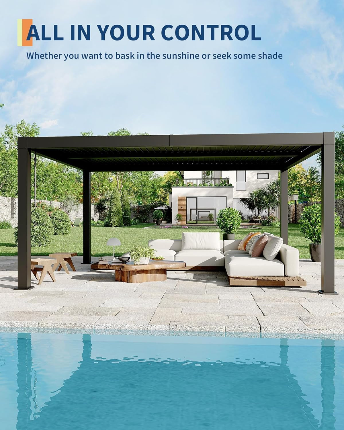 Louvered Pergola, Outdoor Pergola with Adjustable Louvered Roof, Reinforced Aluminum Frame, Integrated Drainage System, Hardtop Gazebo for Patio