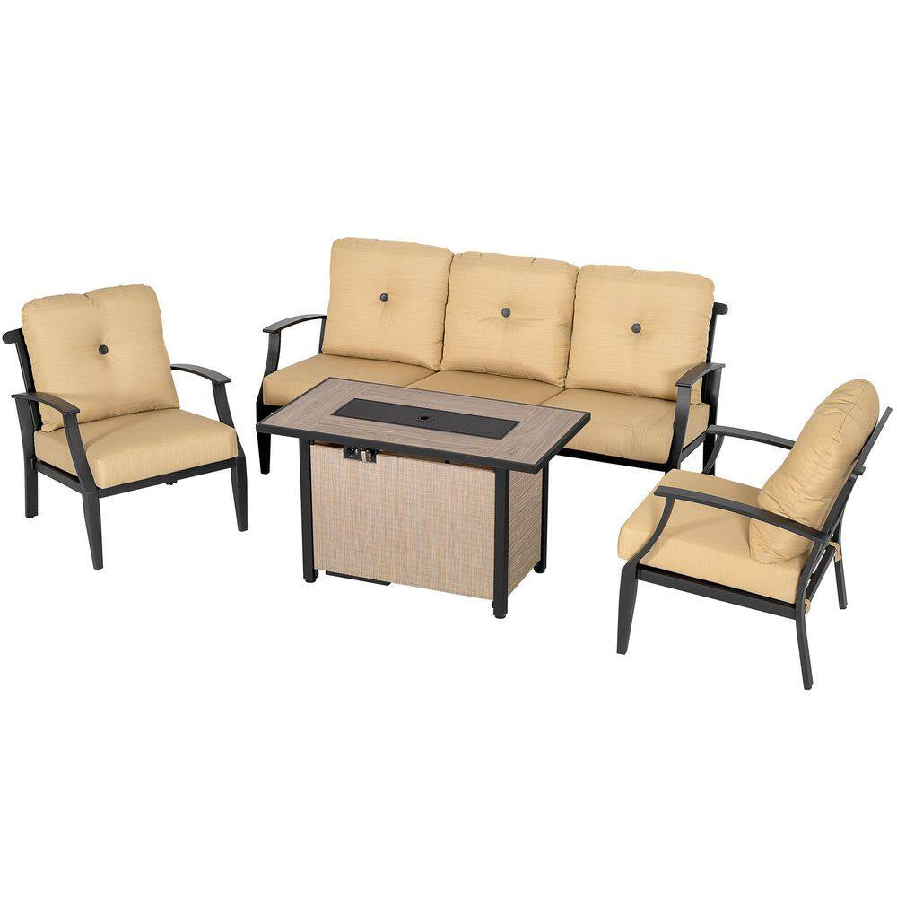 Brown 4-Piece Aluminum Patio Conversation Set with Iron Propane Fire Pit Table, Sofa Set with Ginger Cushions