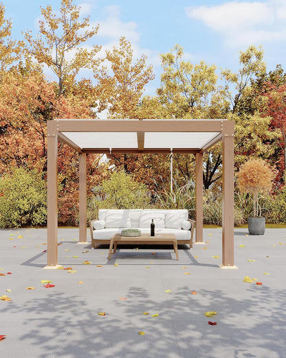 Louvered Pergola 10 Ft X10', Outdoor Pergola with Adjustable Louvered Roof, Reinforced Aluminum Frame, Integrated Drainage System, Hardtop Gazebo for Patio, Deck, Wood Grain