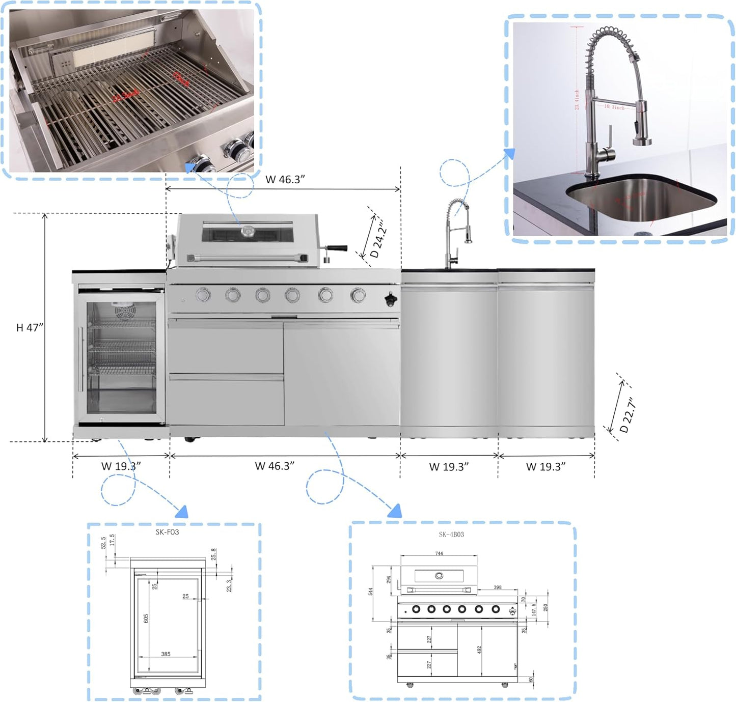 Modular Outdoor Kitchen BBQ Island, 104" Outdoor Kitchen Propane Gas Island Grill with Sink, Compact Refrigerator, Storage Cabinets, Rotisserie Kit (Silver, 104")