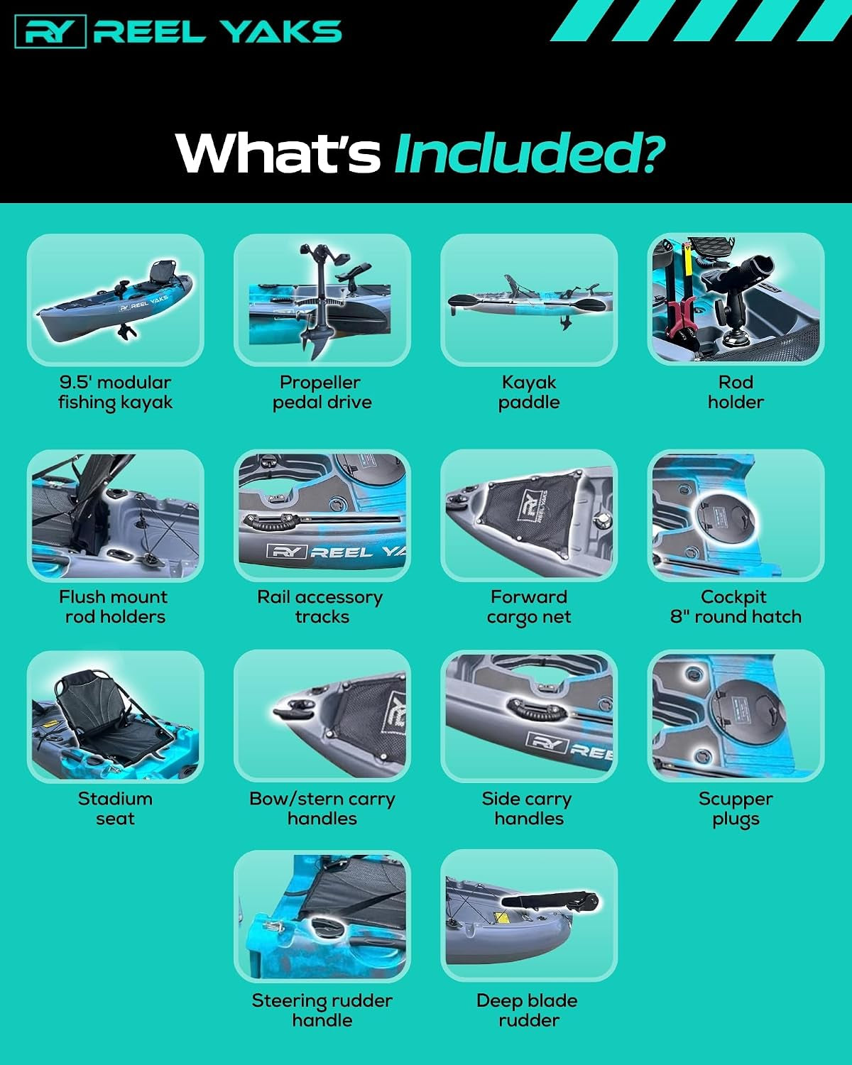 Raptor Modular Fishing Kayak, 9.5Ft, 380 Lbs Capacity | Cyan Gray, Pedal Kayaks for Adults & Youth, Sit on Top, Lightweight, Portable, Fits in Trunks & Closets, Gear Storage