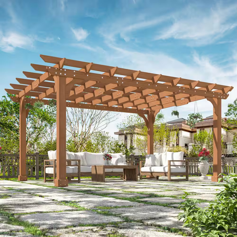 14 Ft. W X 10 Ft. D Cedar Wood Patio Pergola Shade Structure for Outdoor, Brown