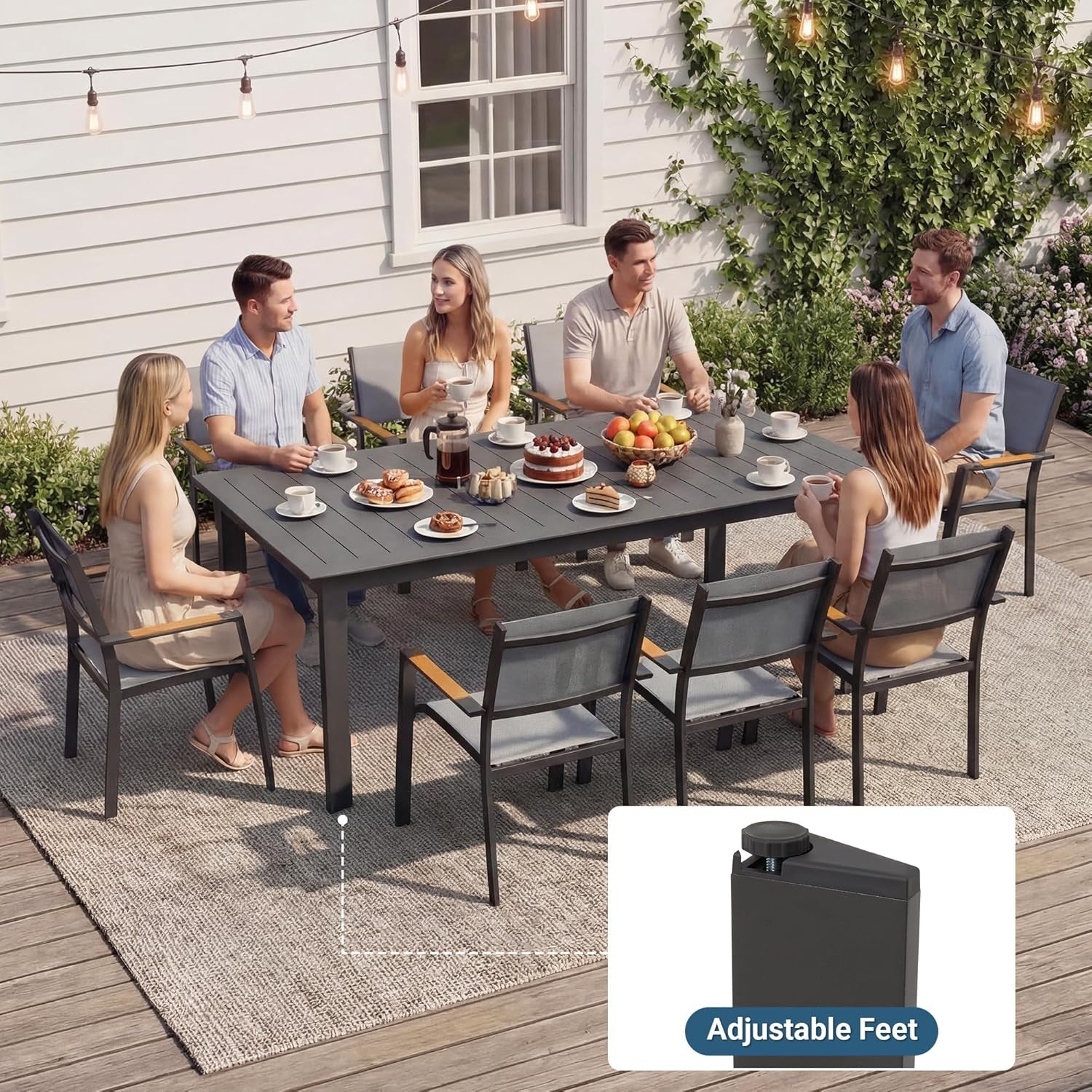 Patio Furniture Set with 121" Extendable Dining Table, Patio Table Set for 4–12 People, All-Weather Aluminum Outdoor Furniture, Outdoor Dining Set for Backyard, Porch, and Garde, Grey
