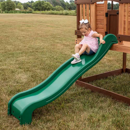 Echo Heights Indoor Outdoor All Cedar Wooden Elevated Playhouse with Clubhouse, Ladder, Green Slide, and Play Kitchen