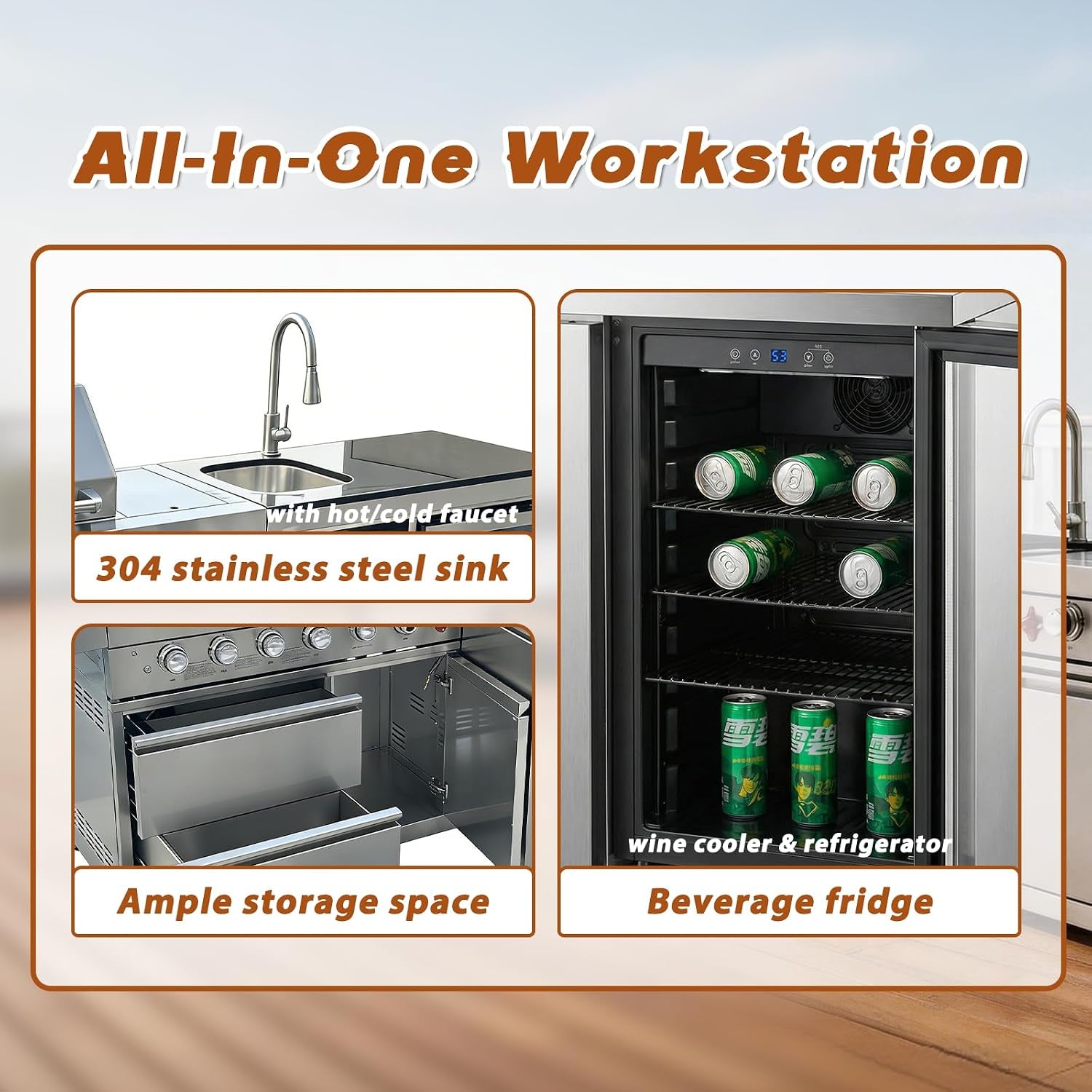 84" Deluxe Outdoor Kitchen Bar and BBQ Island Grill with 6 Burner, 75300 BTU Stainless Steel Grill, Integrated Sink, Wine Cooler, Refrigerator, Granite Countertops, and Rotisserie Kit