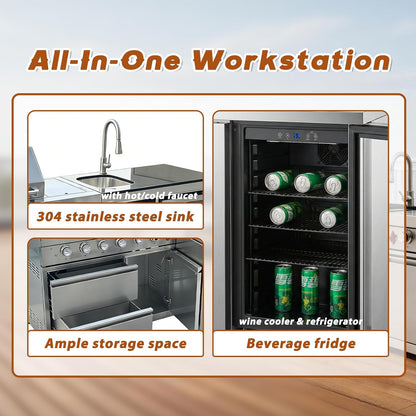 84" Deluxe Outdoor Kitchen Bar and BBQ Island Grill with 6 Burner, 75300 BTU Stainless Steel Grill, Integrated Sink, Wine Cooler, Refrigerator, Granite Countertops, and Rotisserie Kit