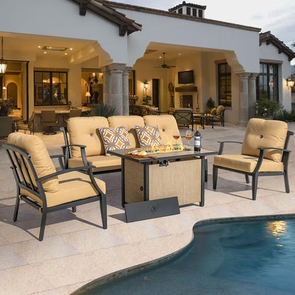 Brown 4-Piece Aluminum Patio Conversation Set with Iron Propane Fire Pit Table, Sofa Set with Ginger Cushions