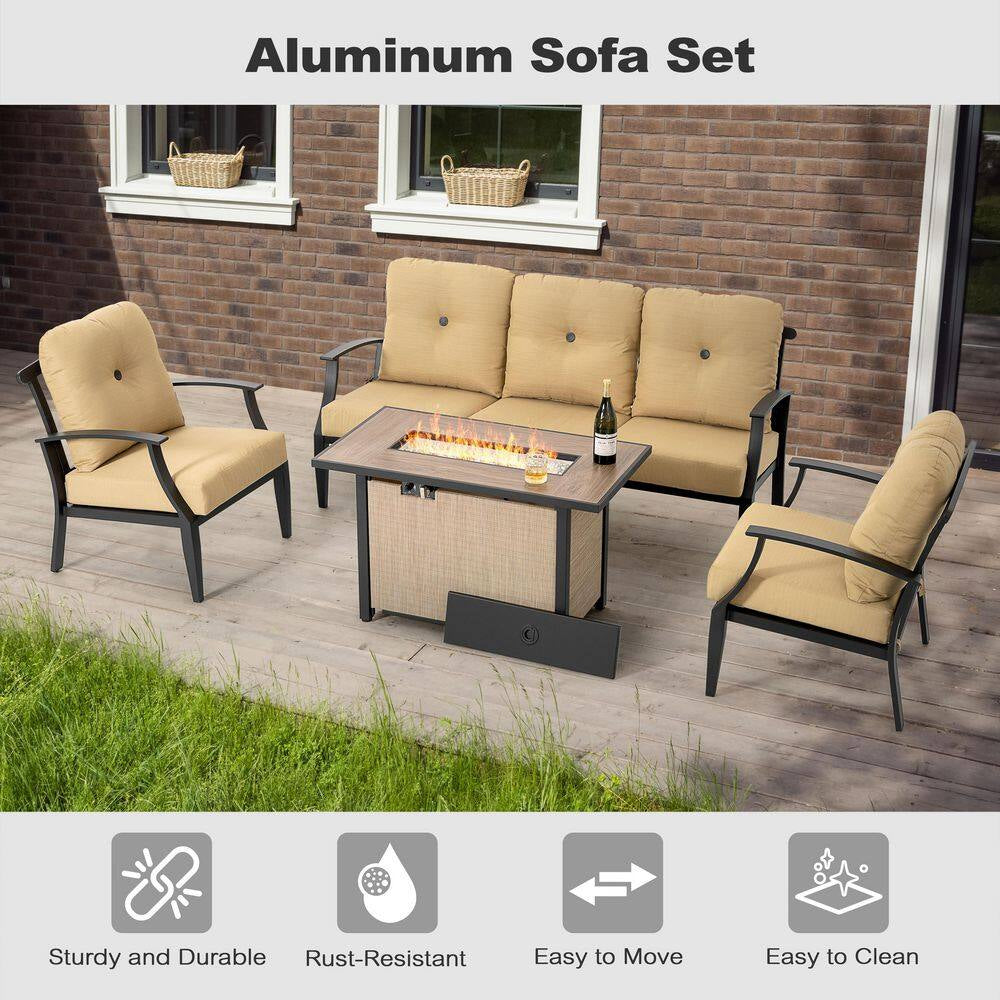Brown 4-Piece Aluminum Patio Conversation Set with Iron Propane Fire Pit Table, Sofa Set with Ginger Cushions