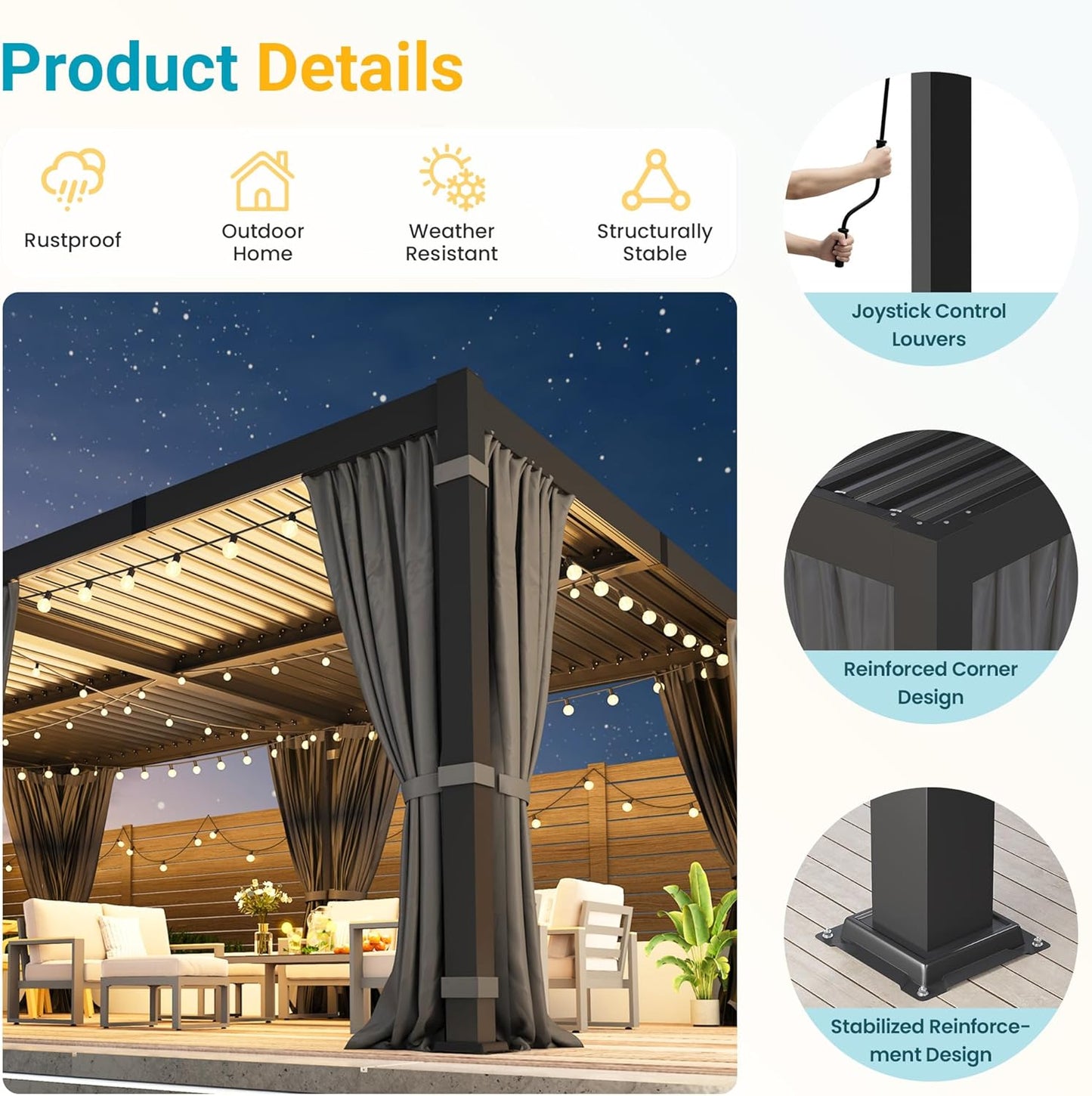 12' X 20' Pergola with Curtain & Adjustable Roof & Aluminum Frame for Patio | Louvered Pergola, Patio Pergola with Netting & Gutter System, Outdoor Pergola, Hardtop Gazebo for Deck, Yard, Dark Gray