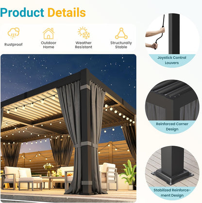 12' X 20' Pergola with Curtain & Adjustable Roof & Aluminum Frame for Patio | Louvered Pergola, Patio Pergola with Netting & Gutter System, Outdoor Pergola, Hardtop Gazebo for Deck, Yard, Dark Gray