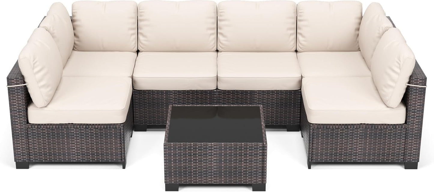 7 Piece Outdoor Patio Furniture Set, PE Rattan Conversation Sofa Set, Wicker Patio Set W/Thick Cushions & Glass Top Coffee Table, All-Weather outside Furniture for Garden, Balcony,Porch(Brown+Beige)