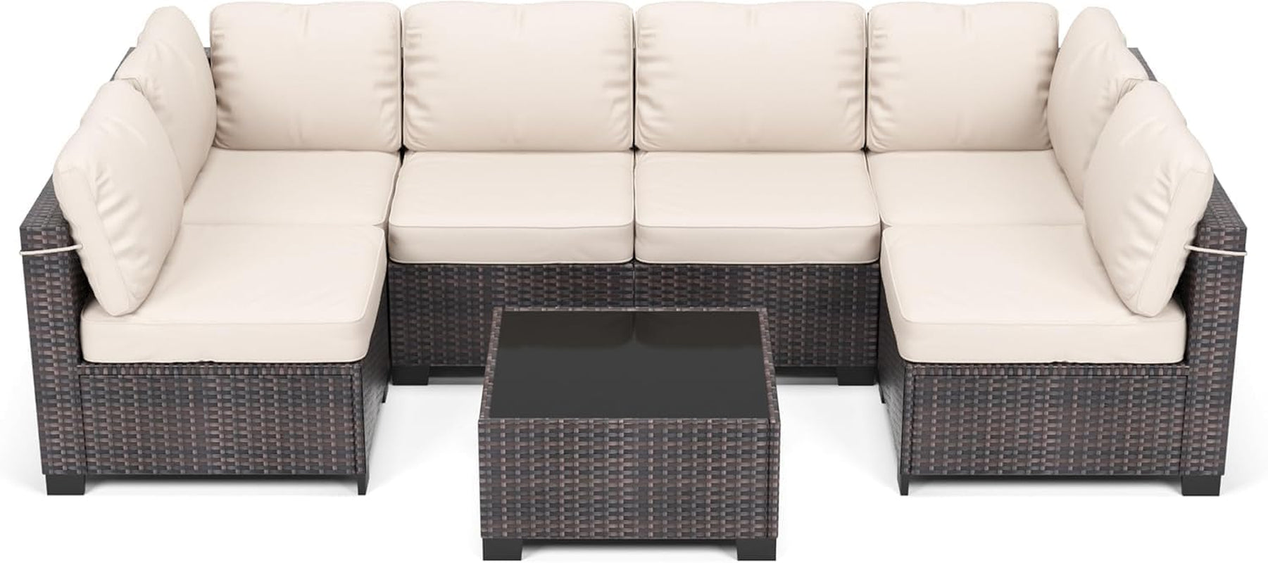 7 Piece Outdoor Patio Furniture Set, PE Rattan Conversation Sofa Set, Wicker Patio Set W/Thick Cushions & Glass Top Coffee Table, All-Weather outside Furniture for Garden, Balcony,Porch(Brown+Beige)