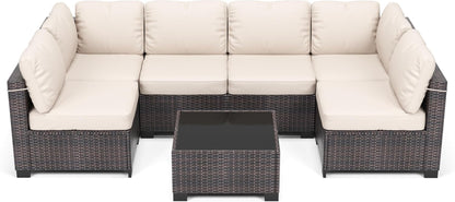 7 Piece Outdoor Patio Furniture Set, PE Rattan Conversation Sofa Set, Wicker Patio Set W/Thick Cushions & Glass Top Coffee Table, All-Weather outside Furniture for Garden, Balcony,Porch(Brown+Beige)