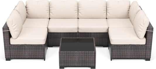 7 Piece Outdoor Patio Furniture Set, PE Rattan Conversation Sofa Set, Wicker Patio Set W/Thick Cushions & Glass Top Coffee Table, All-Weather outside Furniture for Garden, Balcony,Porch(Brown+Beige)