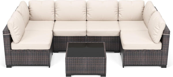 7 Piece Outdoor Patio Furniture Set, PE Rattan Conversation Sofa Set, Wicker Patio Set W/Thick Cushions & Glass Top Coffee Table, All-Weather outside Furniture for Garden, Balcony,Porch(Brown+Beige)