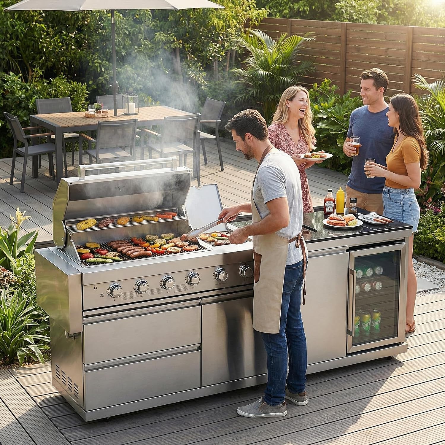 84" Deluxe Outdoor Kitchen Bar and BBQ Island Grill with 6 Burner, 75300 BTU Stainless Steel Grill, Integrated Sink, Wine Cooler, Refrigerator, Granite Countertops, and Rotisserie Kit
