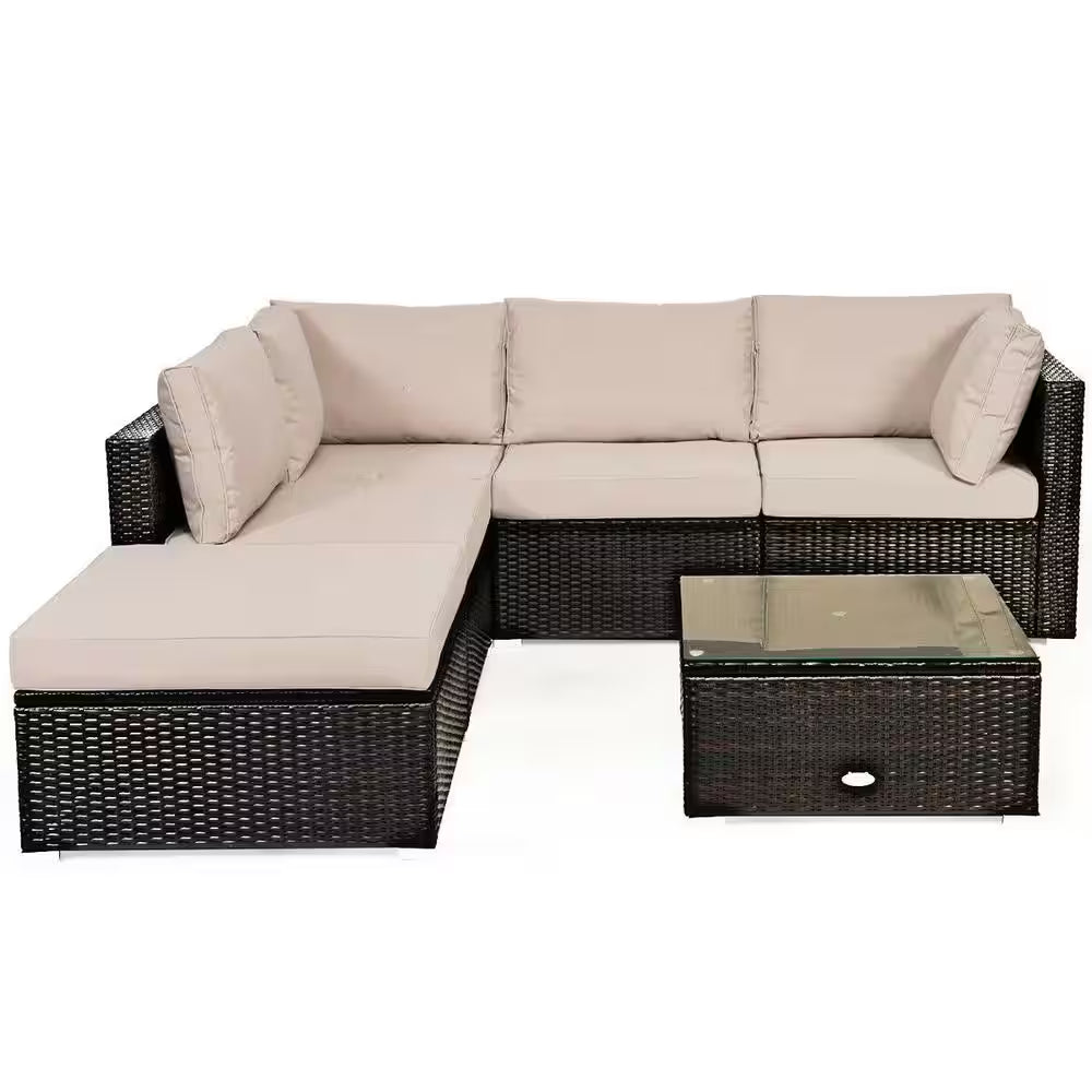6-Piece Brown Wicker Outdoor Patio Rattan Furniture Set Sectional Sofa Ottoman with Beige Cushions