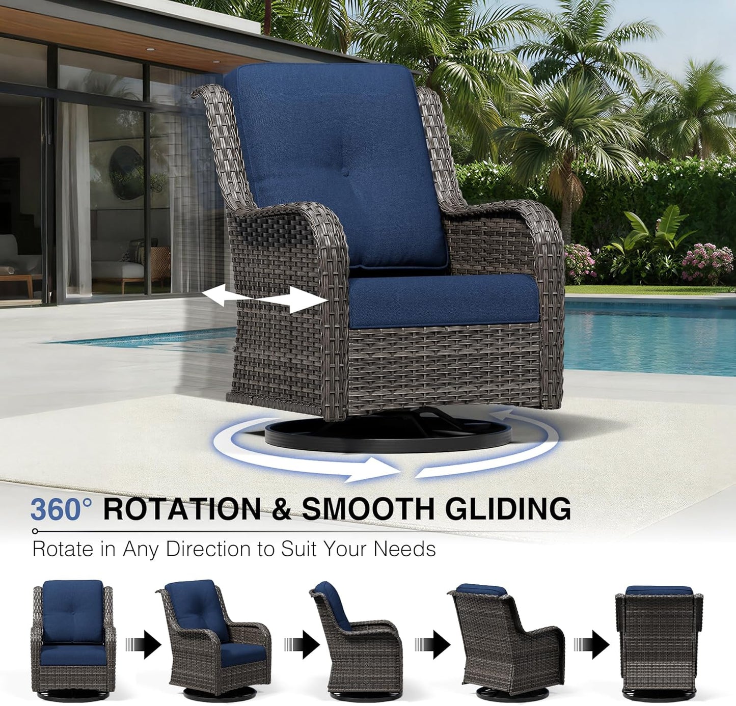 6 Piece Wicker Patio Furniture Set, Outdoor Swivel Rocker Patio Chairs with High Back, Deep Seating, Wide Armrest, Thickened Cushions, Outdoor Furniture for Deck, Porch Use