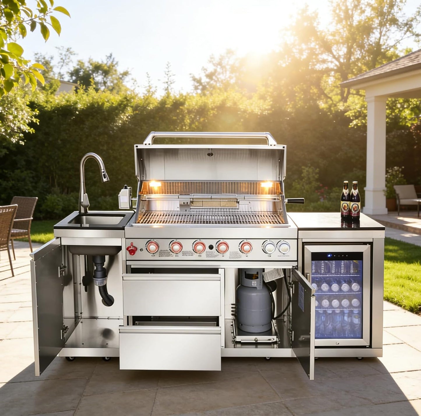 82-Inch 6-Burner Gas Grill 85,000 BTU Outdoor Kitchen Barbecue | Stainless Steel Grill Island with Sink, Storage Cabinets, and Wine Refrigerator,Backyard, Patio, Lawn, Silver