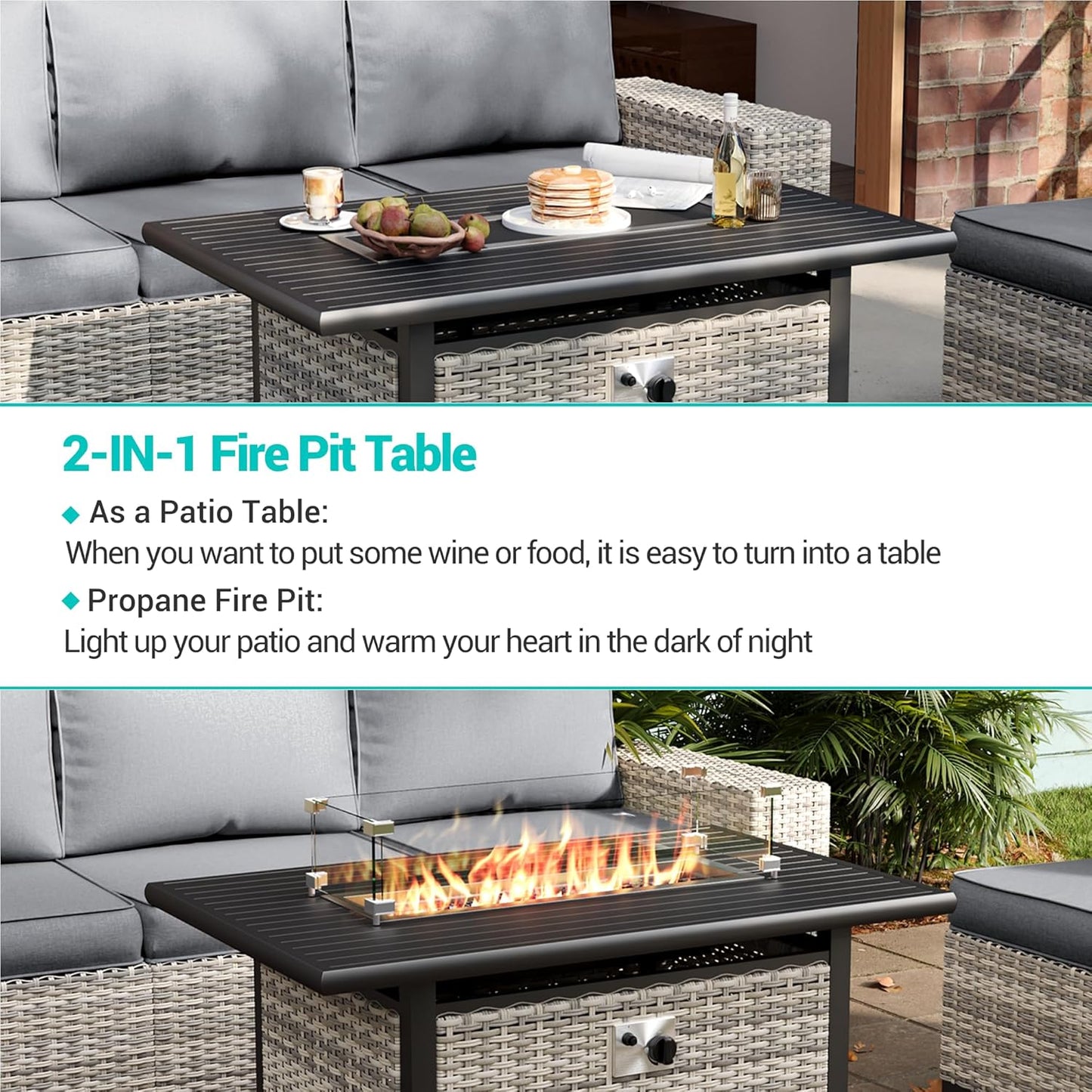 Outdoor Patio Furniture Set PE Wicker Rattan Outdoor Sectional Sofa | Patio Conversation Set with 55,000 BTU Fire Pit Table & Rocking Swivel Chair,Coffee Table & Thickened Cushions, Grey