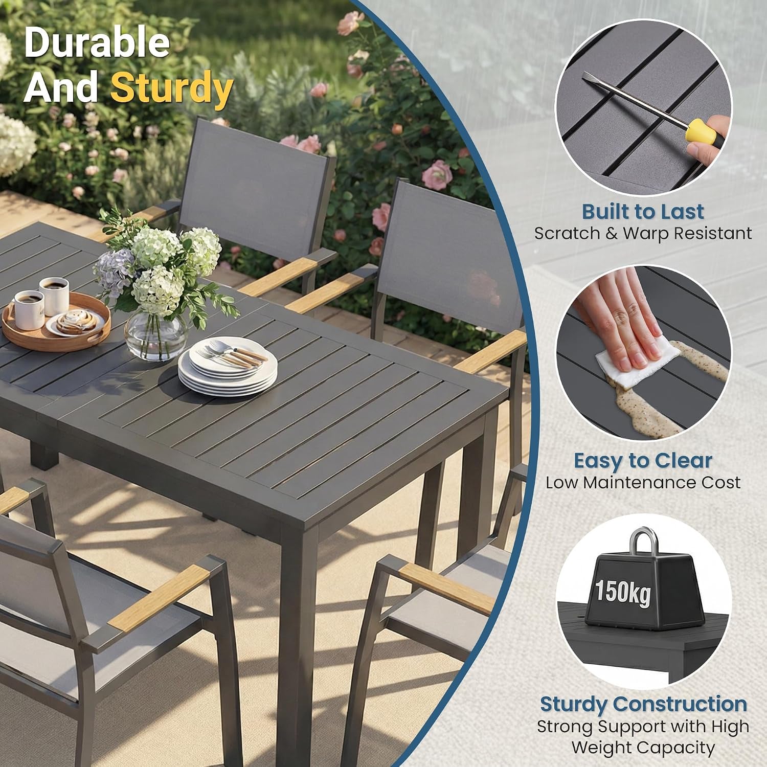 Patio Furniture Set with 92" Extendable Dining Table for 4–8 People | Aluminum All-Weather Patio Table and Chairs, Outdoor Furniture with Quick-Dry Textilene Chairs for Backyard, Porch, Grey