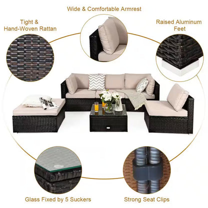 6-Piece Brown Wicker Outdoor Patio Rattan Furniture Set Sectional Sofa Ottoman with Beige Cushions