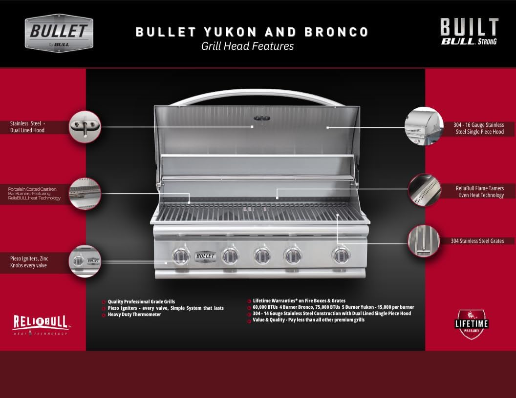 Bullet by Bull Yukon 5 Burner Outdoor Kitchen Grill, Built-In Gas Grill with 75,000 Btus of Heat, 304 Stainless Steel, Cast Iron Heat Treated Reliabull Bar Burners and Piezo Igniters