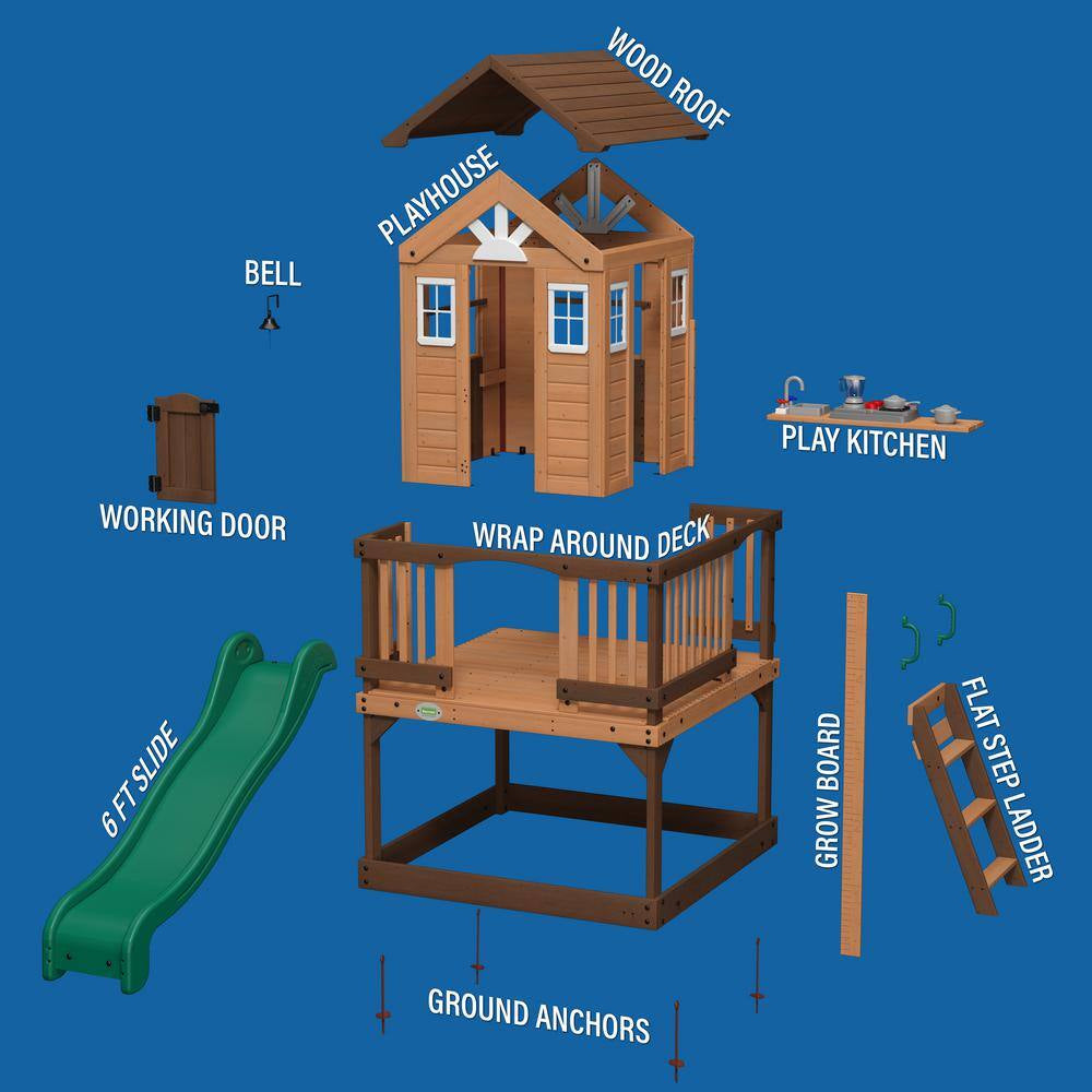 Echo Heights Indoor Outdoor All Cedar Wooden Elevated Playhouse with Clubhouse, Ladder, Green Slide, and Play Kitchen
