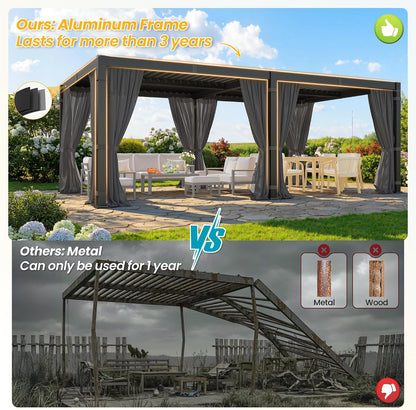 12' X 20' Pergola with Curtain & Adjustable Roof & Aluminum Frame for Patio | Louvered Pergola, Patio Pergola with Netting & Gutter System, Outdoor Pergola, Hardtop Gazebo for Deck, Yard, Dark Gray
