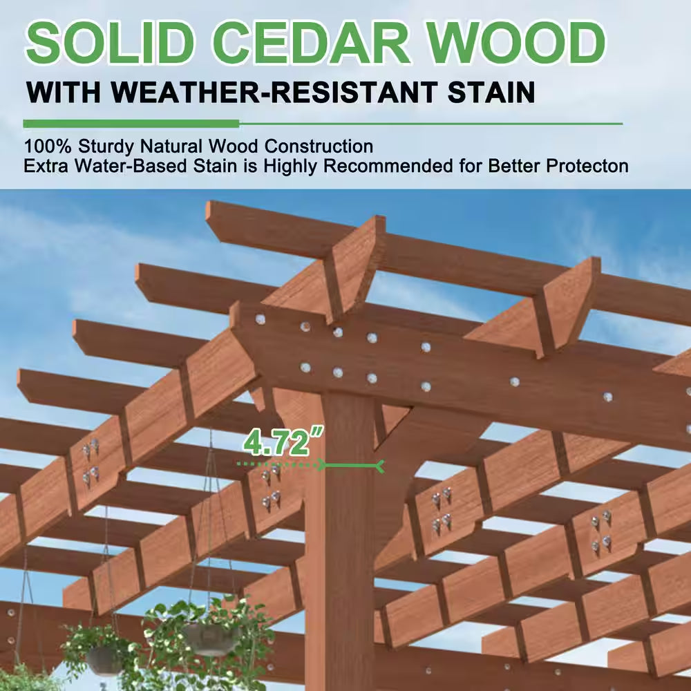 14 Ft. W X 10 Ft. D Cedar Wood Patio Pergola Shade Structure for Outdoor, Brown