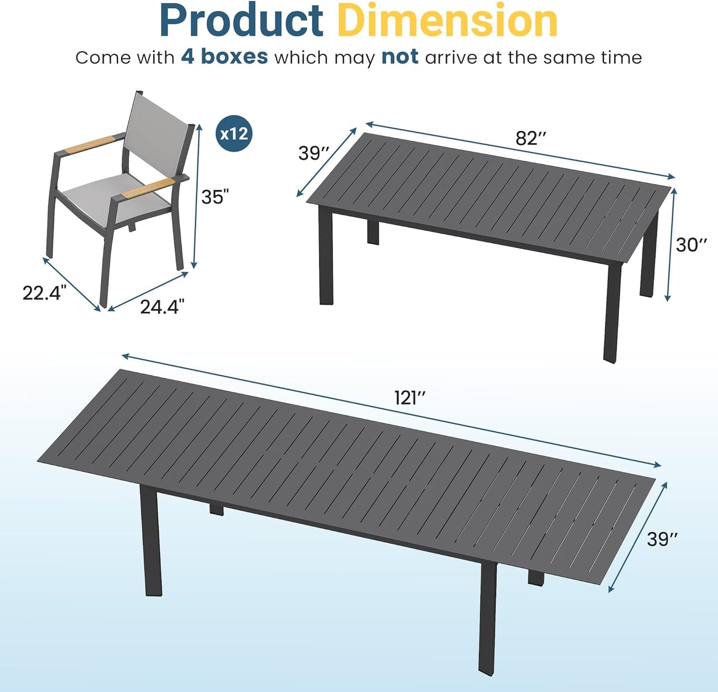Patio Furniture Set with 121" Extendable Dining Table, Patio Table Set for 4–12 People, All-Weather Aluminum Outdoor Furniture, Outdoor Dining Set for Backyard, Porch, and Garde, Grey