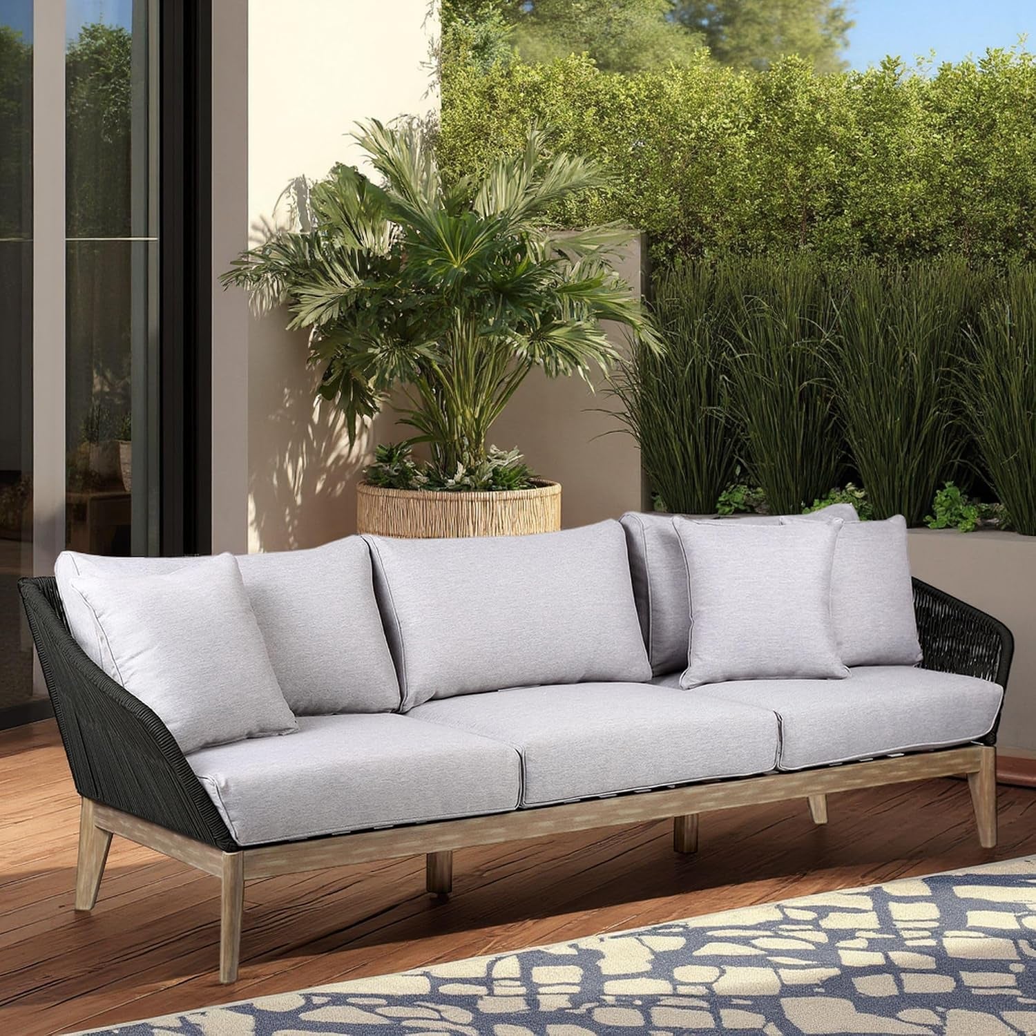 Athos Indoor Outdoor 3 Seater Sofa in Light Eucalyptus Wood with Latte Rope and Grey Cushions