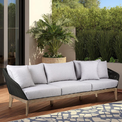 Athos Indoor Outdoor 3 Seater Sofa in Light Eucalyptus Wood with Latte Rope and Grey Cushions