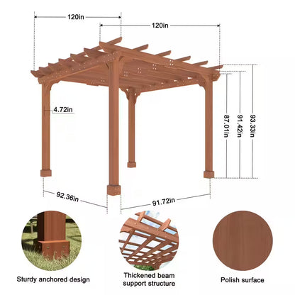 10 Ft. W X 10 Ft. D Cedar Wood Patio Pergola Shade Structure for Outdoor, Brown