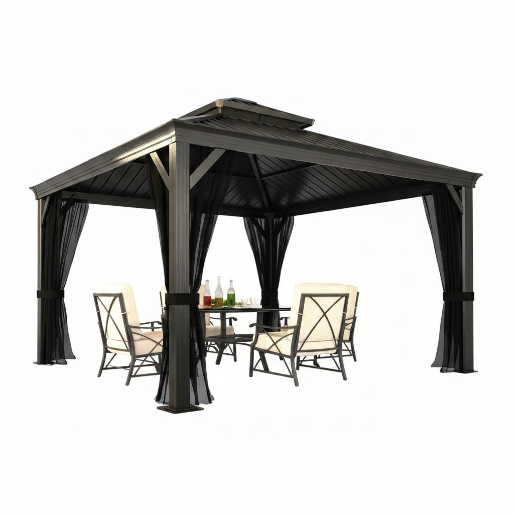 12 Ft. W X 12 Ft. D Aluminum Hardtop Gazebo with Galvanized Double Roof and Textilene Netting